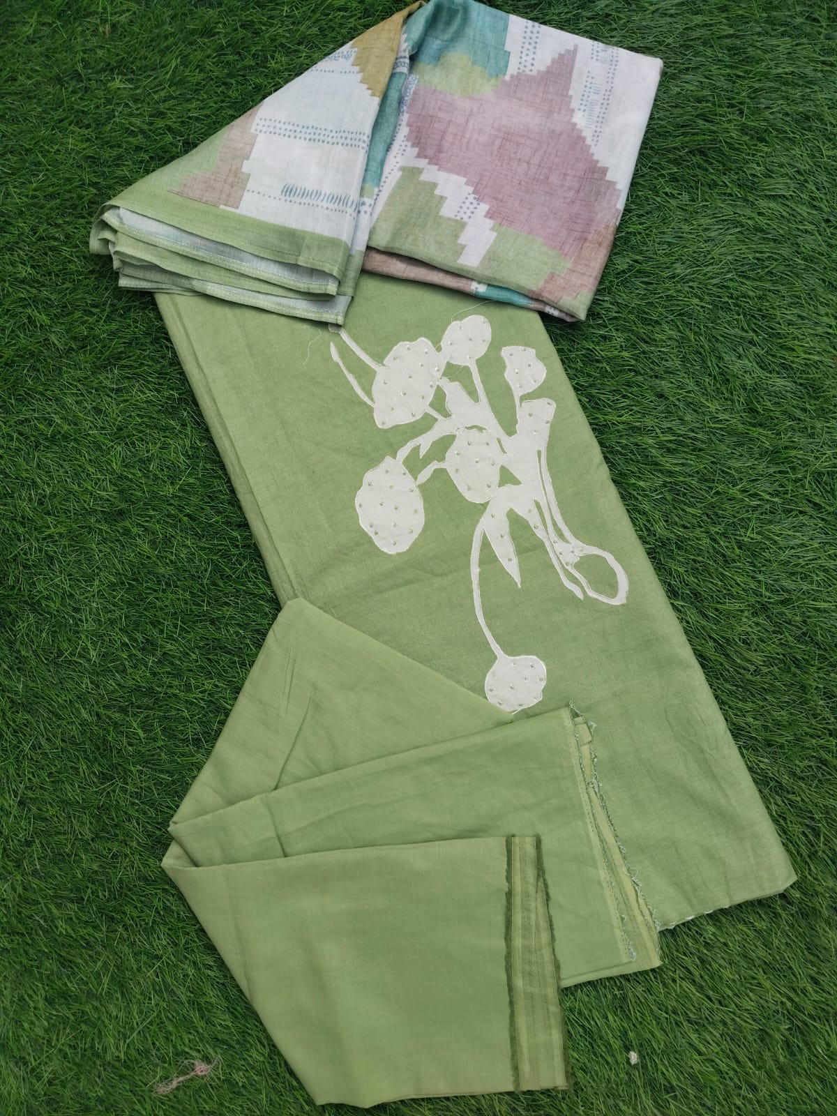 Premium cotton suit natural light green color with print